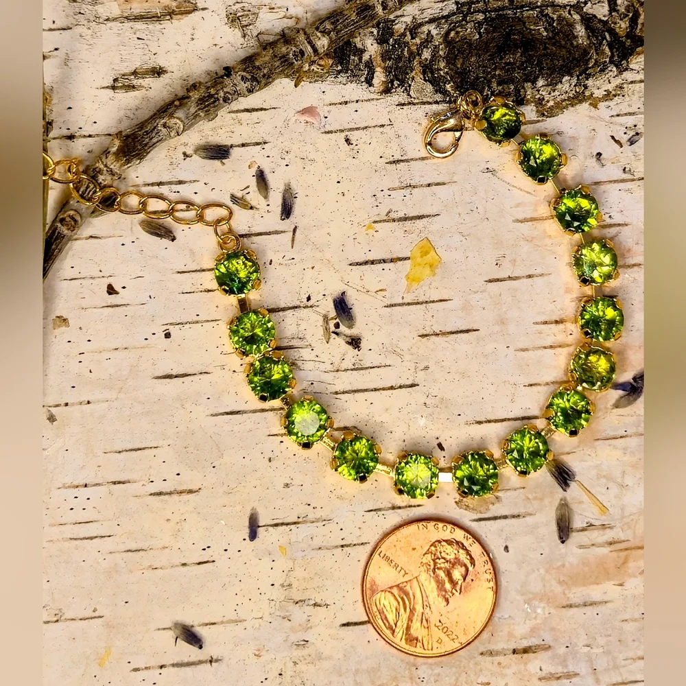 Natural Green Peridot 12.75  Total Carats In Classic Gold Plated Tennis Bracelet
